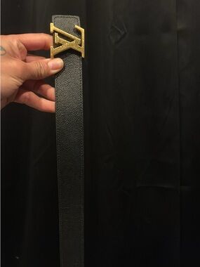 Louis Vuitton Black Textured Leather Belt with Gold LV Accent Buckle